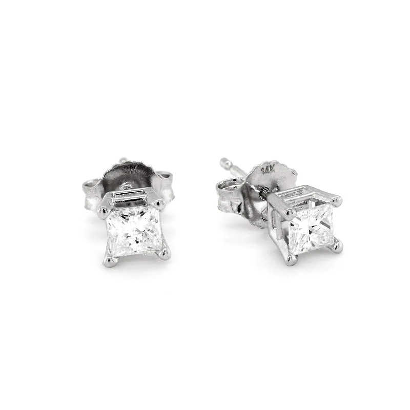 small hoop earrings for women -WHITE GOLD PRINCESS CUT DIAMOND STUD EARRINGS, 1/2 CT TW