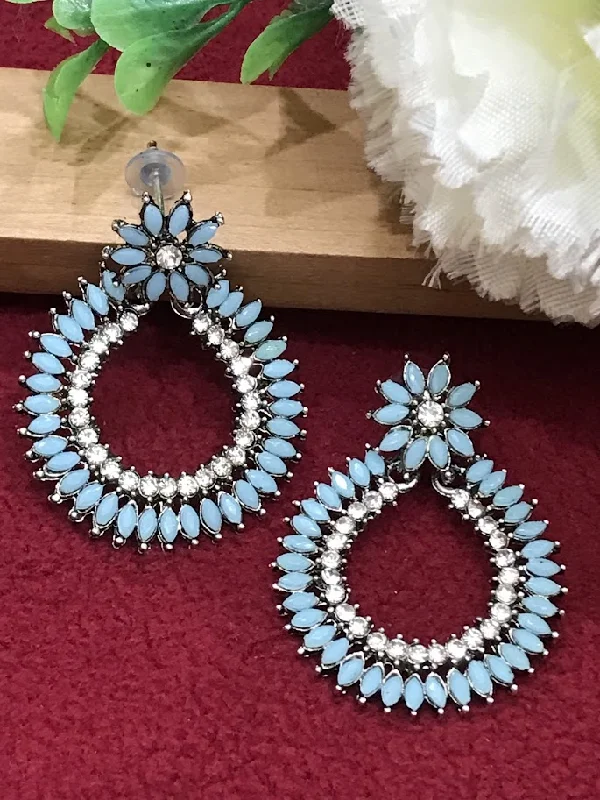 hoop earrings with charms for women -Elegant Sky Blue Colored With White Stone Design Oxidized Earrings