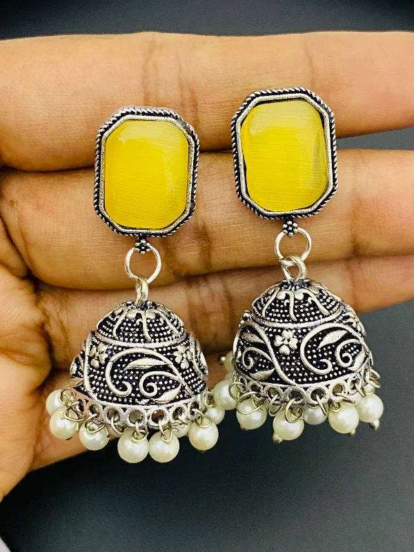 small dangly earrings for women -Attractive Yellow Color Designer Silver Oxidized Jhumkha Earrings For Women