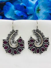 clip-on earrings for women -Stunning Purple Color Peacock Design Oxidized Hook Earrings For Women