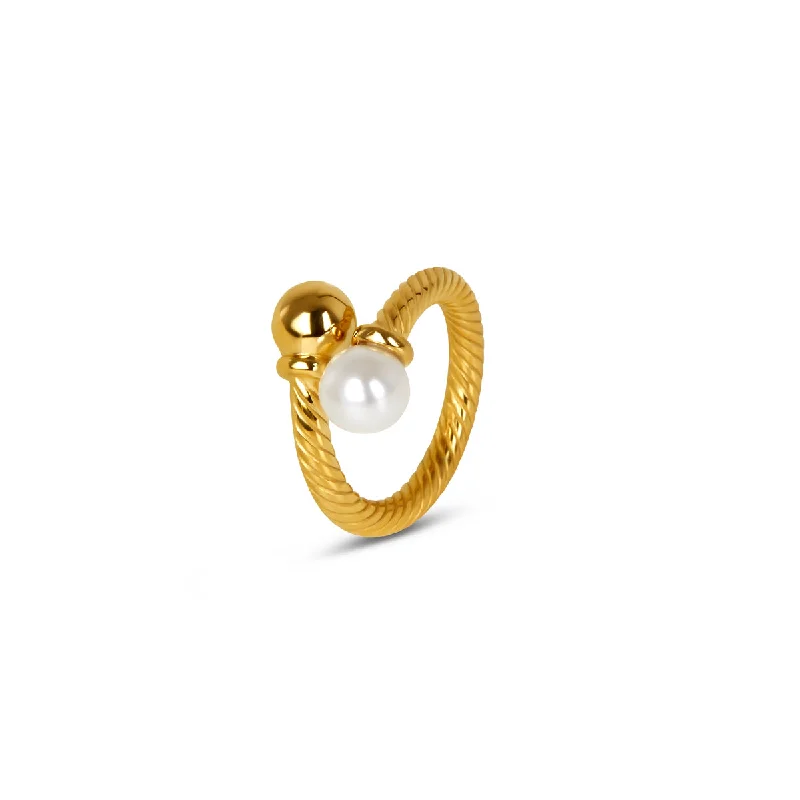 trendy rings for women -Pearl Ball Twisted Ring - Gold