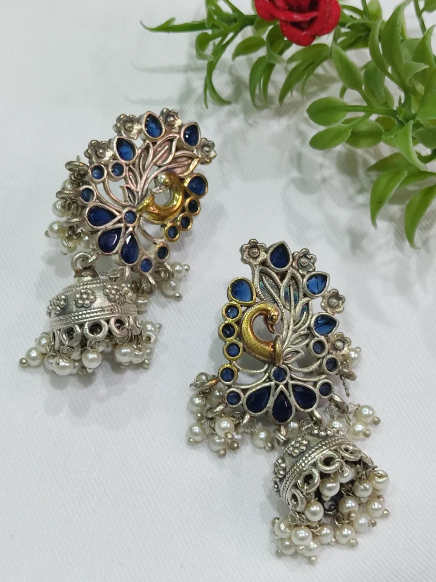 custom earrings for women -Pearl Blue Stone Peacock Oxidized Jhumka Earrings