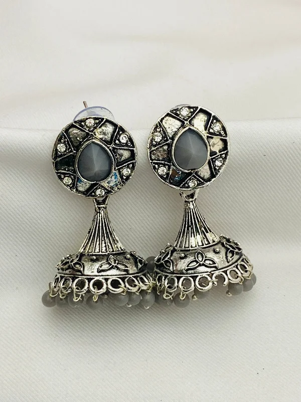 ruby earrings for women -Traditional Bollywood Style Silver Oxidized Ethnic Jhumka Earrings With Pearl Beads