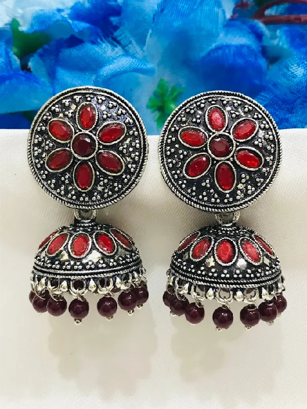 silver dangling earrings for women -Gorgeous Oxidized Maroon Colored Jhumka Earrings For Women