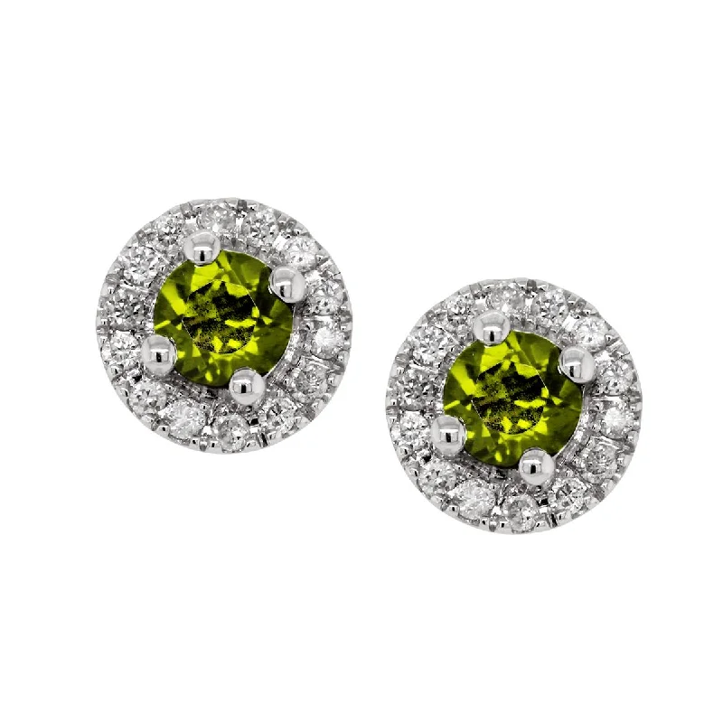 long drop earrings for women -WHITE GOLD PERIDOT STUD EARRINGS WITH DIAMOND HALOS, .10 CT TW