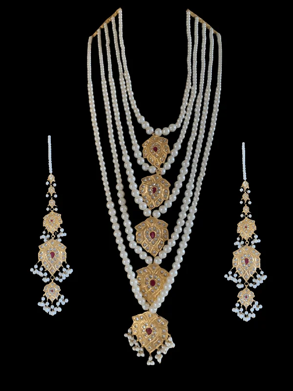 solid gold necklaces for women -SAT20 Nimra 5 layer long kundan necklace with earrings ( READY TO SHIP )