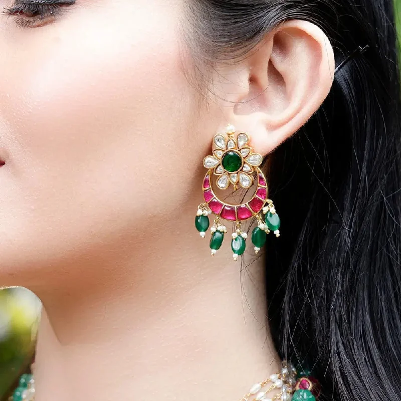 chandelier earrings for women -Silver Kundan Chandbali With Green Drops