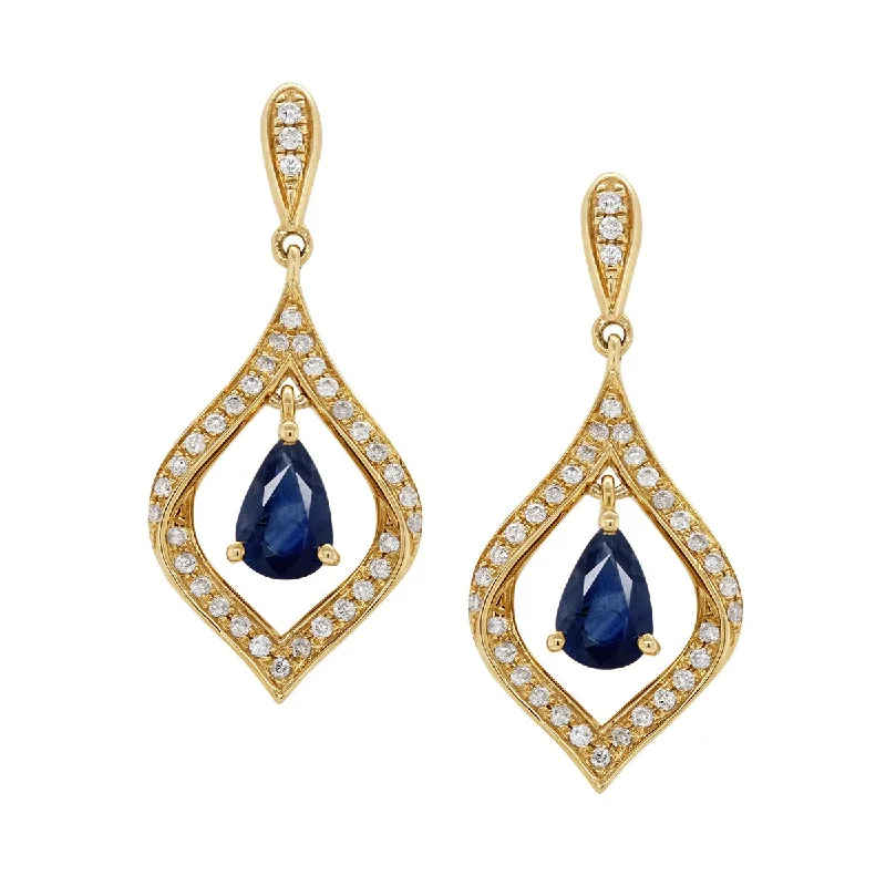 boho earrings for women -YELLOW GOLD DANGLE EARRINGS WITH DIAMONDS AND PEAR SAPPHIRES, .29 CT TW