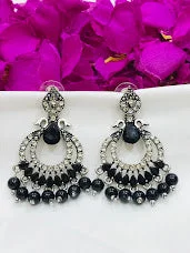 silver hoop earrings for women -Beautiful Oxidized Black Color Beads worked Earrings