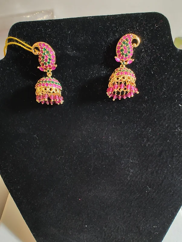 diamond earrings for women -Beautiful Mango Model Jhumka With Red And Green Stones