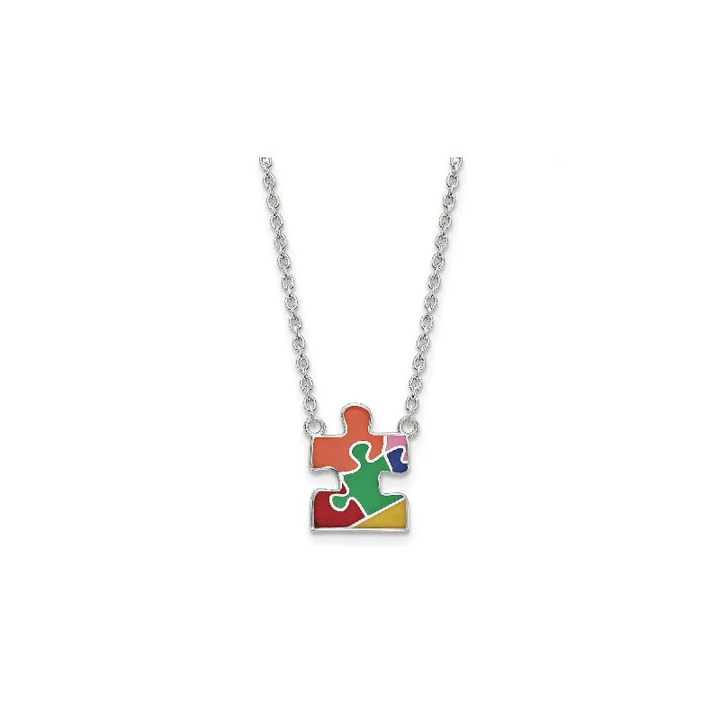 short necklaces for women -Enameled Autism Puzzle Piece Necklace (Silver)