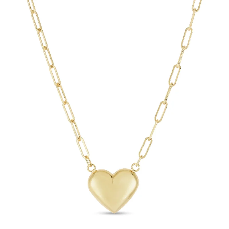 classic gold necklaces for women -Puffed Heart Paperclip Necklace (14K)