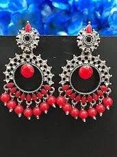 rhinestone earrings for women -Charming Red Colored Oxidized Stone And Beads Worked Unique Designed Earrings