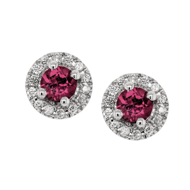 dainty earrings for women -WHITE GOLD PINK TOURMALINE STUD EARRINGS WITH DIAMOND HALOS, .10 CT TW