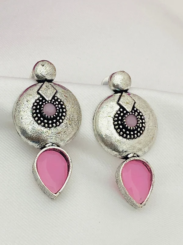 stylish earrings for women -Magnificent Pink Stone Studded Designer German Silver Plated Designer Dangle Earrings