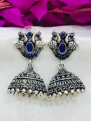 minimalist earrings for women -Elegant Blue Colored Peacock Design Silver Oxidized Jhumka Earrings