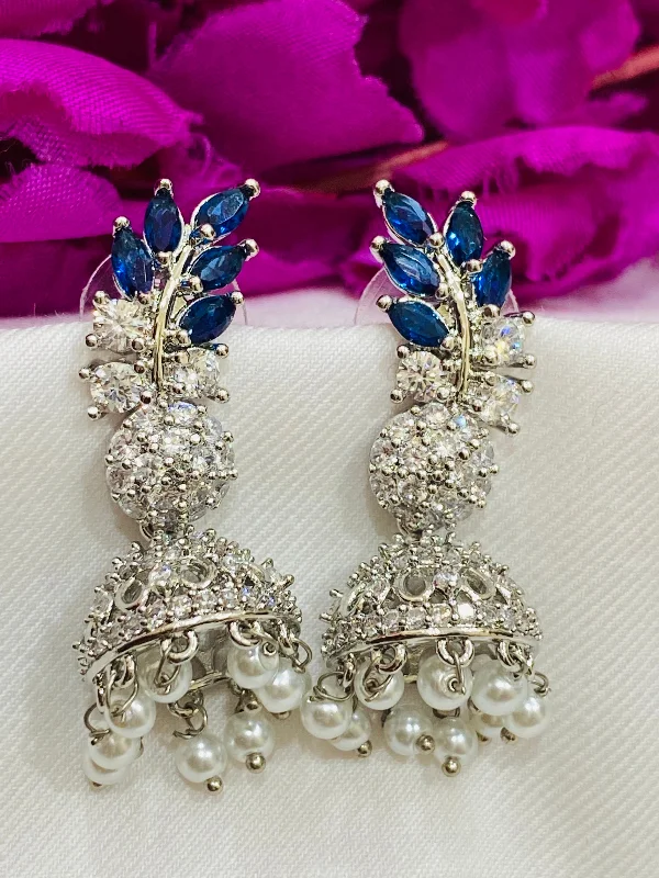 tassel earrings for women -Beautiful Blue Color American Diamond Stone Work Earrings With Beads For Women