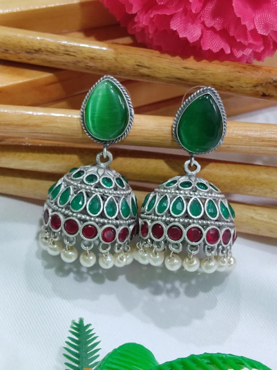 crystal stud earrings for women -Elegant Oxidized Emerald And Maroon Stone ,Pearl Beaded Jhumki Earrings With AD Stones