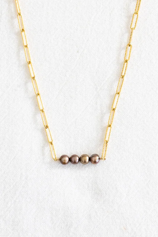 platinum necklaces for women -Four Round Chocolate Pearl Thick Ann Necklace