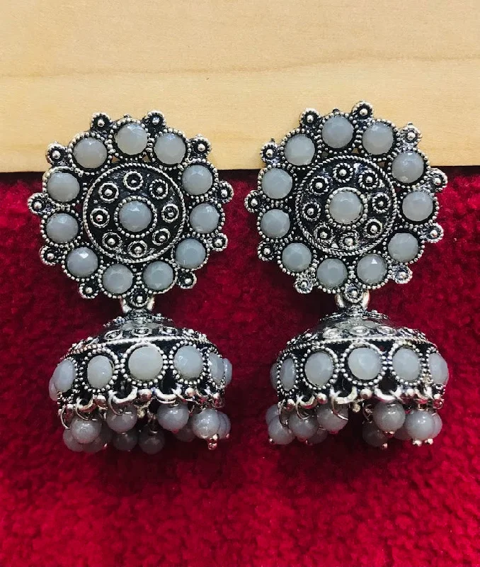 two-tone earrings for women -Delightful Oxidized Grey Colored Jhumka Earrings For Women