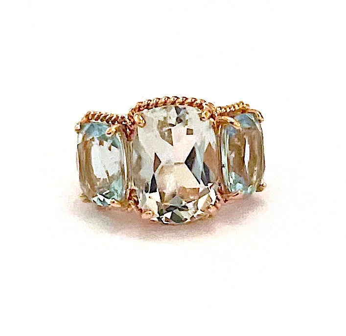 birthstone rings for women -18kt Rose Gold Green Amethyst and Blue Topaz Three Stone Ring with Rope Twist Border