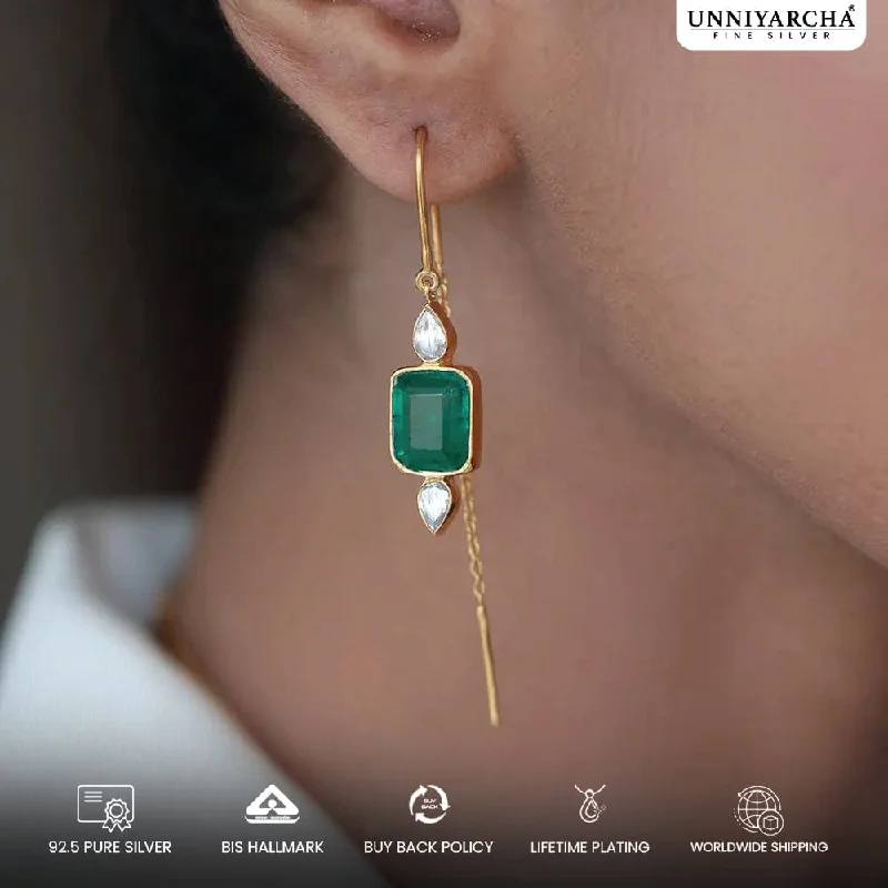 silver dangling earrings for women -Silver Green Sui Dhaga Earring