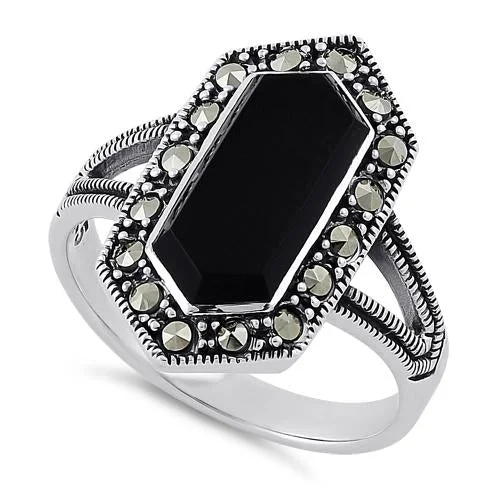 vintage engagement rings for women -Sterling Silver Black Onyx Diamond Shaped Marcasite Ring