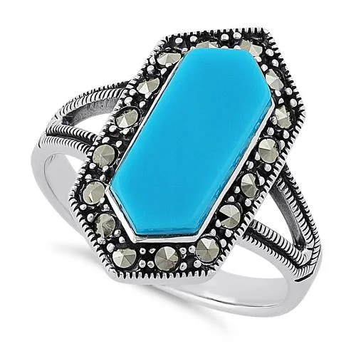 affordable engagement rings for women -Sterling Silver Turquoise Diamond Shaped Marcasite Ring