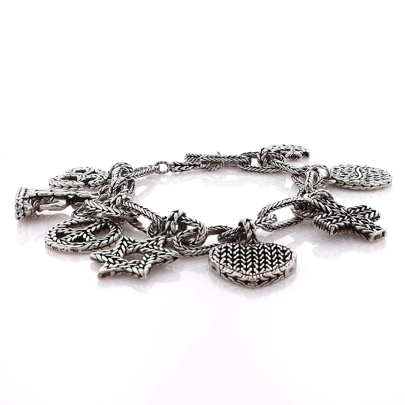 statement bracelets for women -Estate John Hardy Sterling Silver Carved Chain Multi-Charm Bracelet