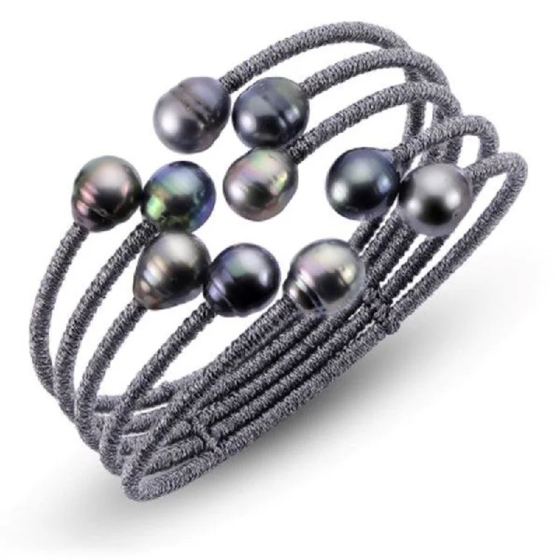 chunky bracelets for women -Dark Grey Cord Bangle w/ 8-9mm Tahitian Pearls Cuff Bracelet