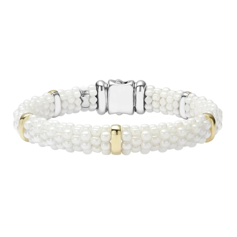 cuff bangles with charms for women -Lagos White Caviar Gold Station Ceramic Bracelet