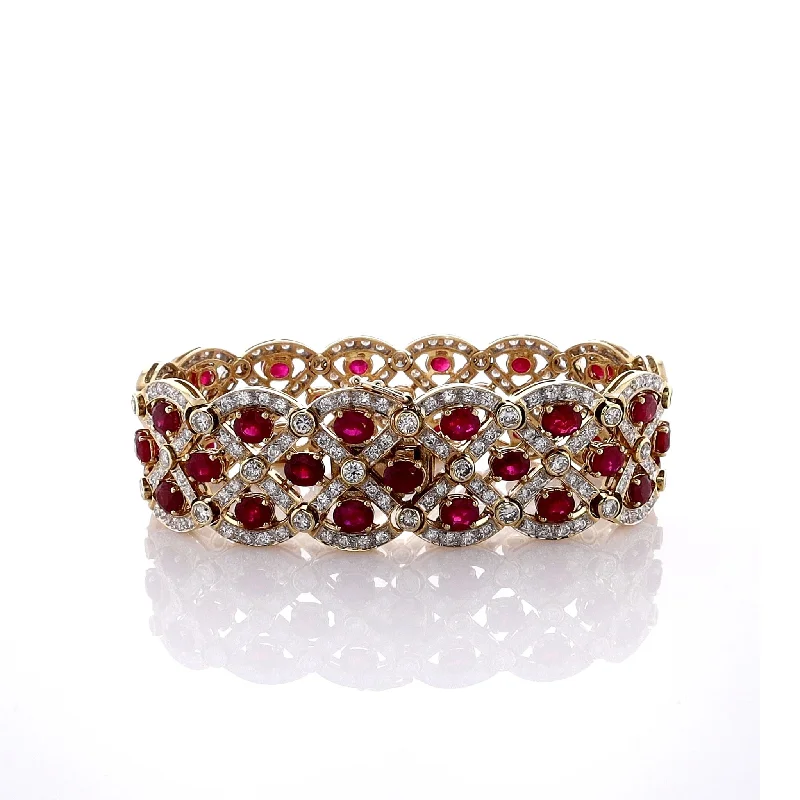 embossed bangles for women -Estate 18K Yellow Gold Ruby and Diamond Scallop Bracelet