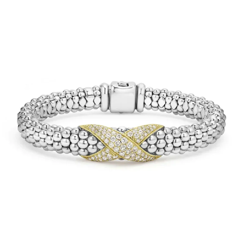 romantic bracelets for women -Lagos Embrace Two-Tone Diamond X Caviar Bracelet, 9mm