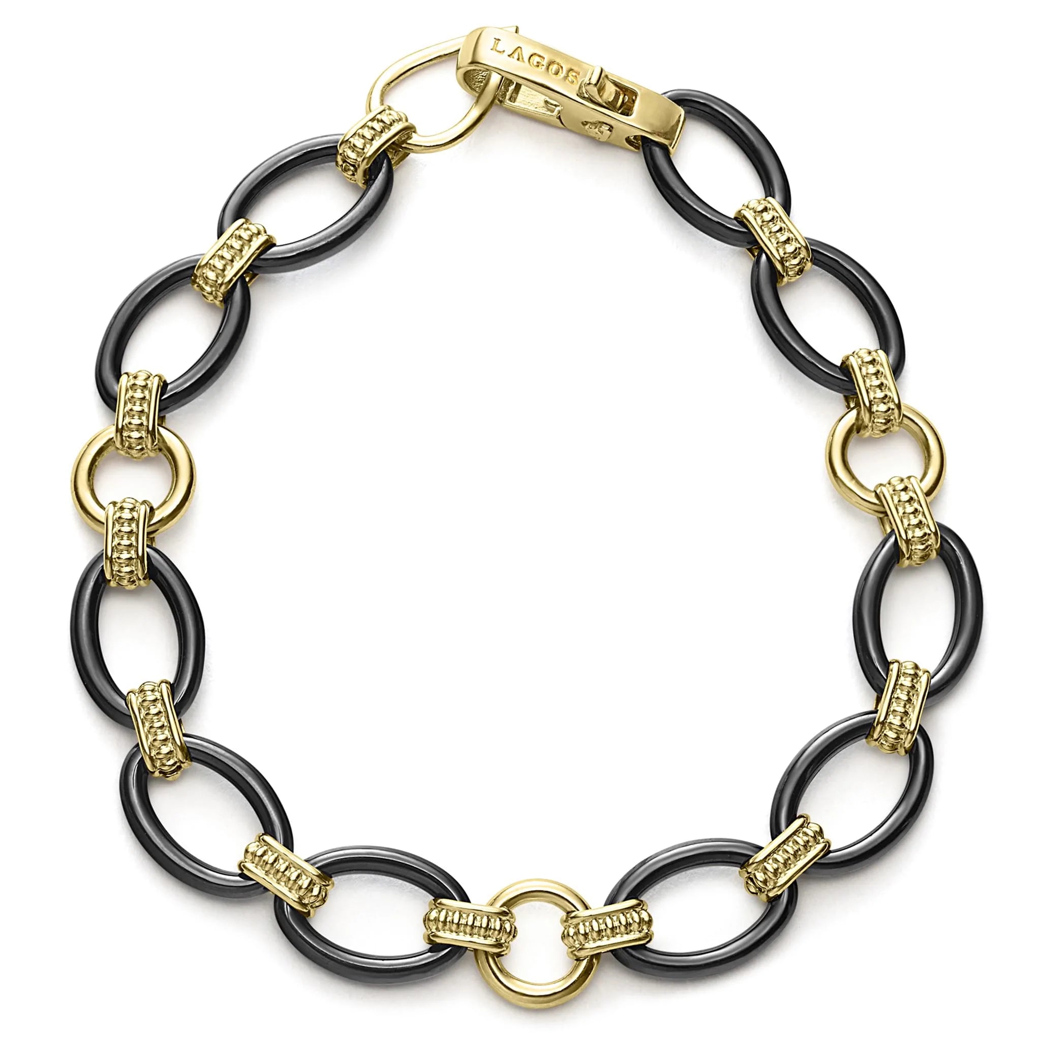 sterling silver bracelets for women -Lagos Meridian Gold and Black Ceramic Link Bracelet