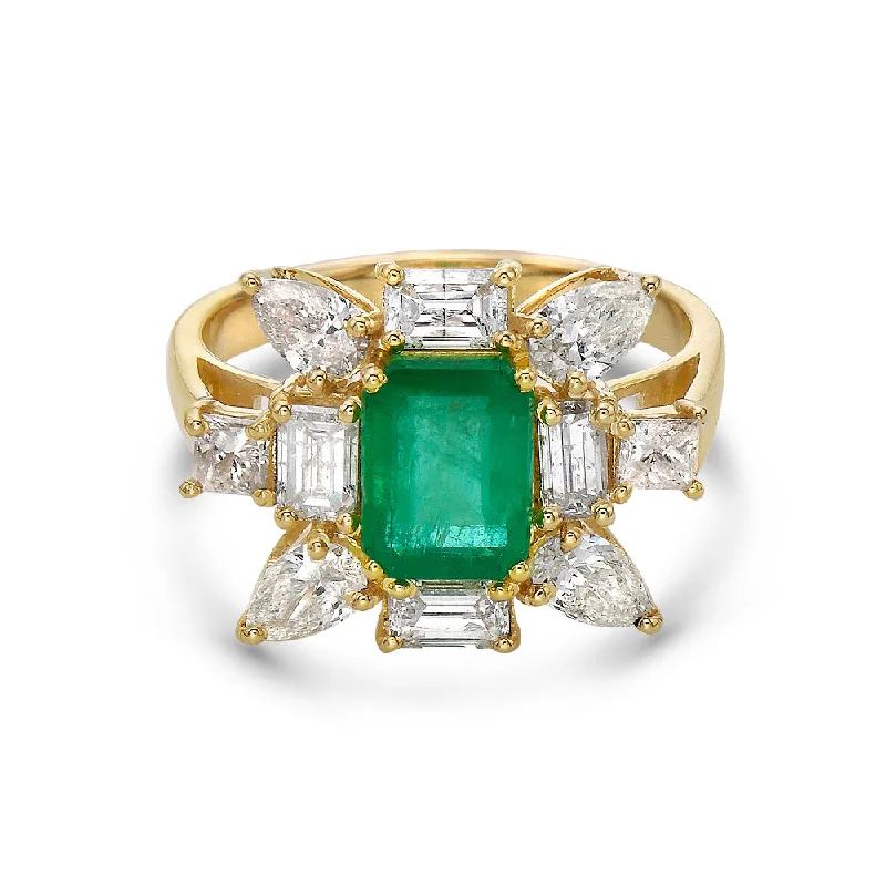 channel set engagement rings for women -Emerald Cut Emerald & Multi Shape Diamond Cocktail Ring (3.60 ct.) in 14K Gold