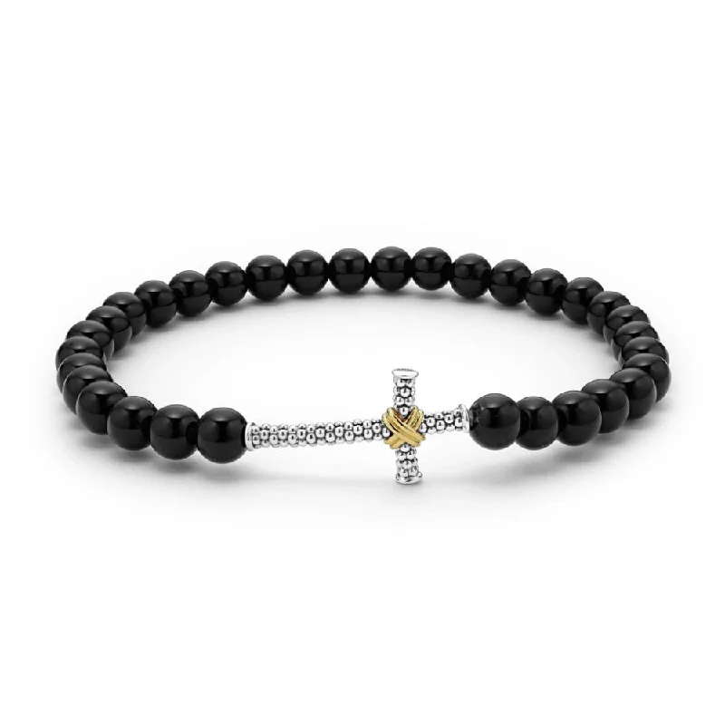 personalized bracelets for women -Lagos Anthem Onyx Cross Beaded Stretch Bracelet