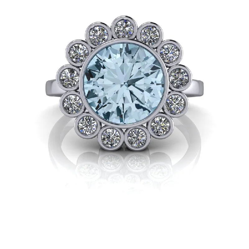 engagement rings with aquamarine stones for women -2.70 ctw Aquamarine & Diamond Bezel Set Flower Ring