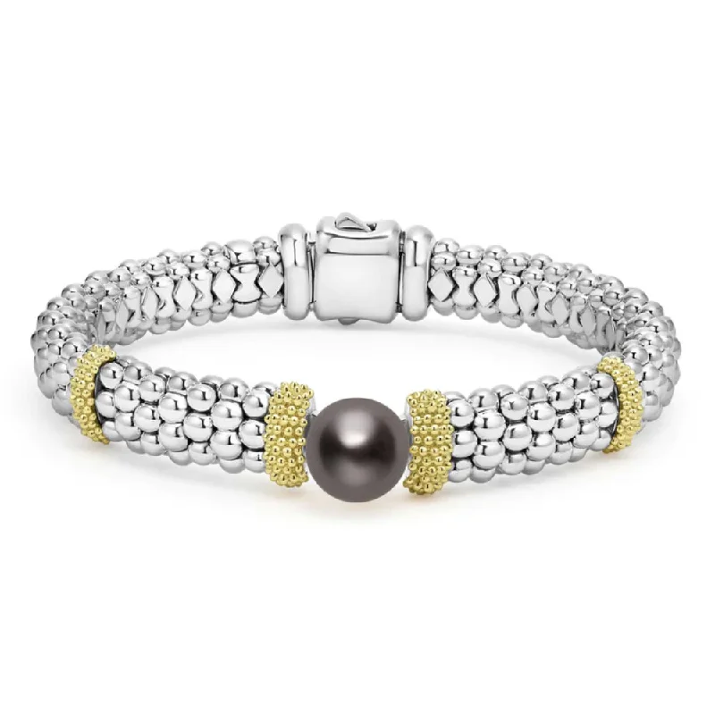 simple bangles for women -Lagos Luna Two-Tone Tahitian Black Pearl Caviar Bracelet, 9mm