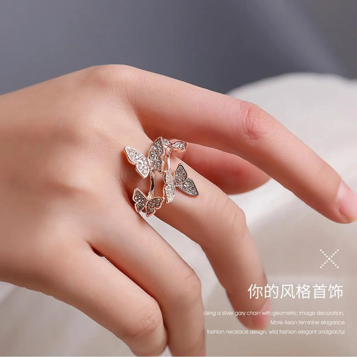 gold engagement rings for women -Full Diamond Four Butterfly Ring Light Luxury Index Finger Opening Ring