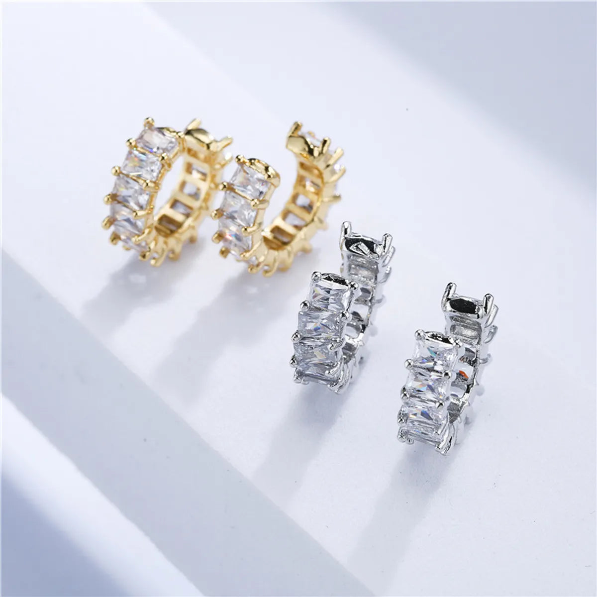 sapphire engagement rings for women -Micro-inlaid Zircon Ear Clip Square Diamond Earrings Copper Plated 18k Gold Jewelry