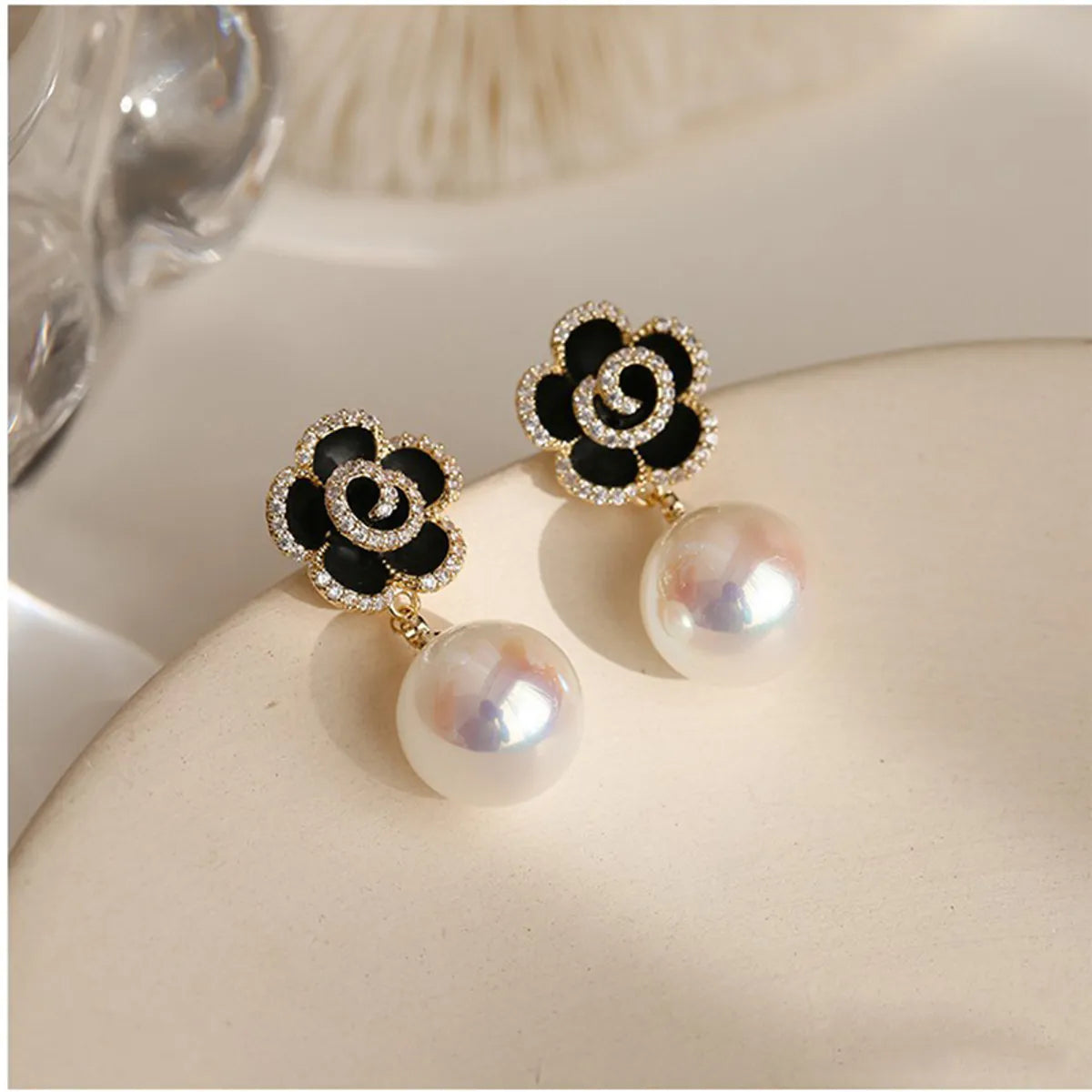 square diamond engagement rings for women -Fashionable Black Rose Pearl Diamond Flower Alloy Stud Earrings