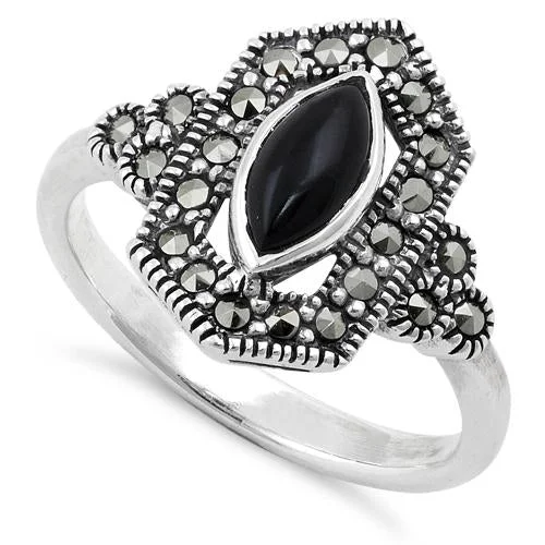 custom engagement rings for women -Sterling Silver Black Onyx Diamond Shaped Marcasite Ring