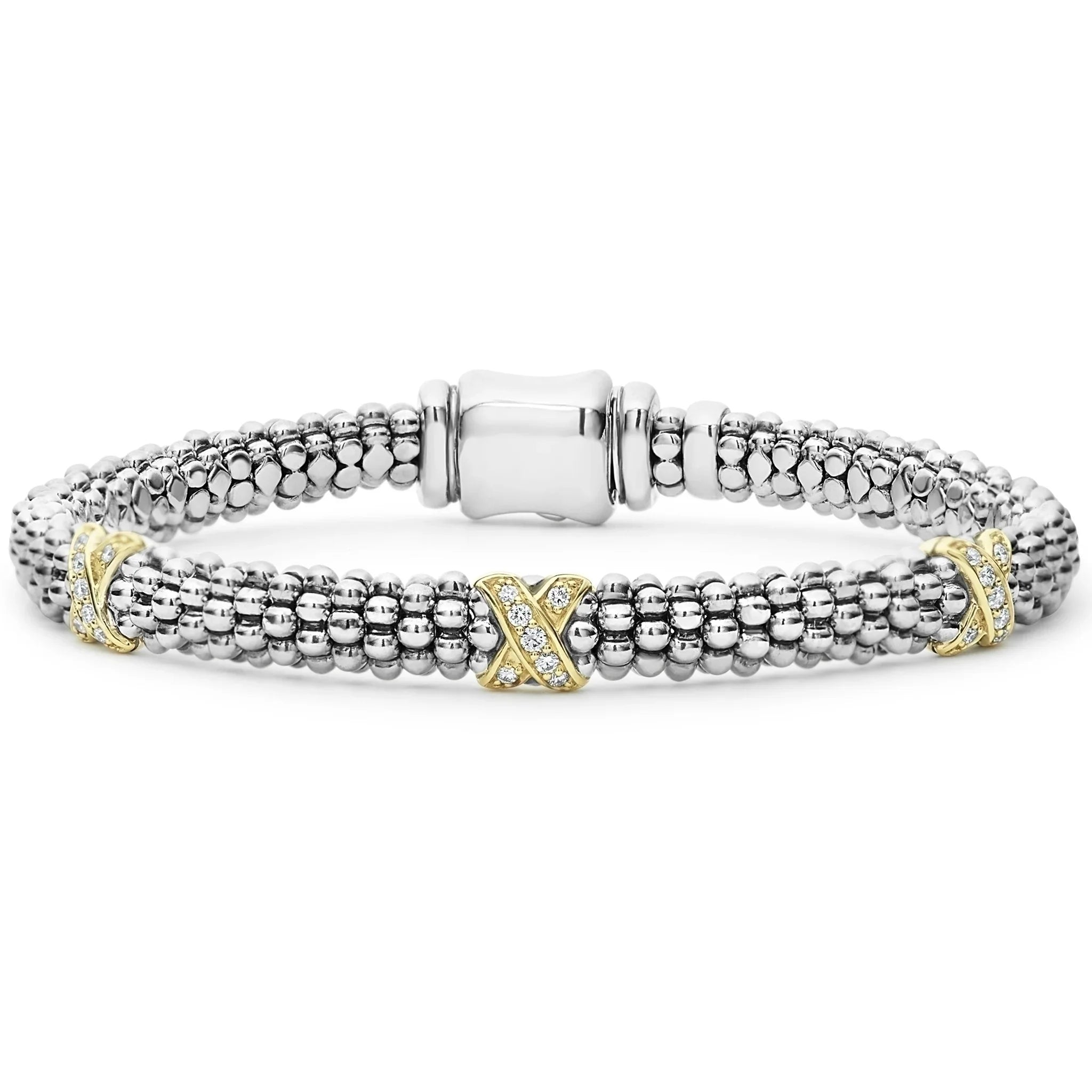 timeless bracelets for women -Three Station Gold X Diamond Caviar Bracelet | 6mm