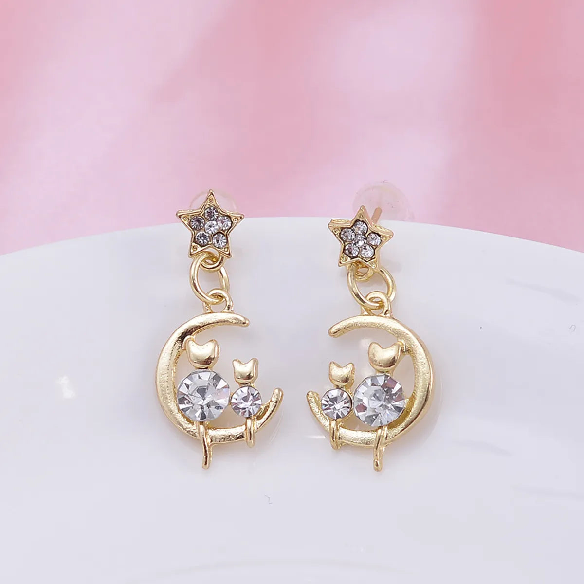 luxurious engagement rings for women -1 Pair Sweet Artistic Star Moon Cat Three-dimensional Hollow Out Inlay Alloy Artificial Diamond Drop Earrings