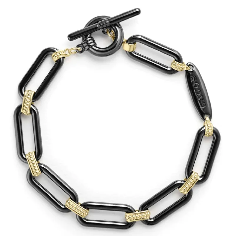 birthday bracelets for women -Lagos Signature Caviar 18k Gold and Black Ceramic Link Bracelet