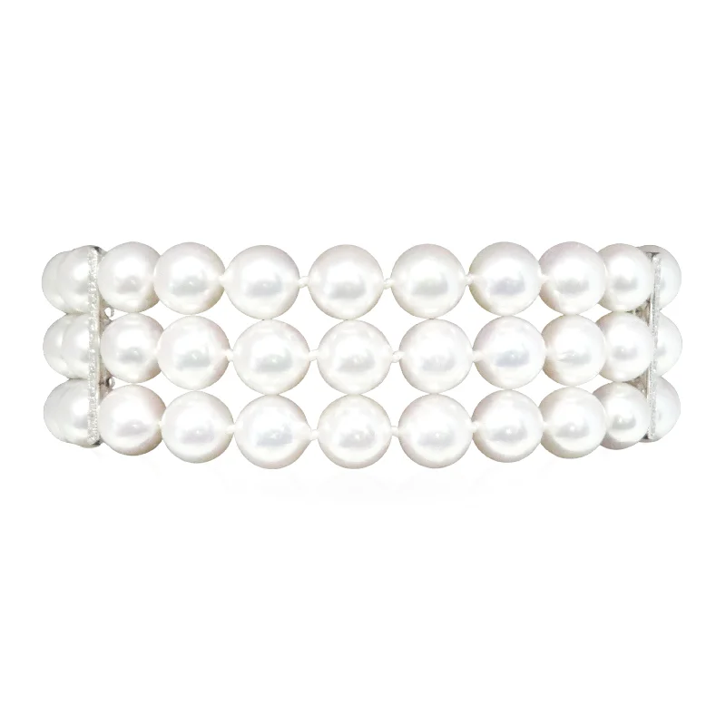 gemstone bracelets for women -Triple Strand Akoya Pearl and Diamond Bracelet