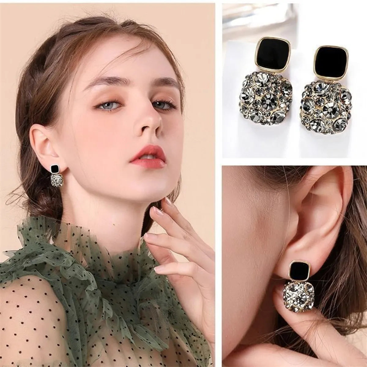 gemstone engagement rings for women -Wholesale Jewelry 1 Pair Modern Style Square Alloy Artificial Diamond Gold Plated Drop Earrings