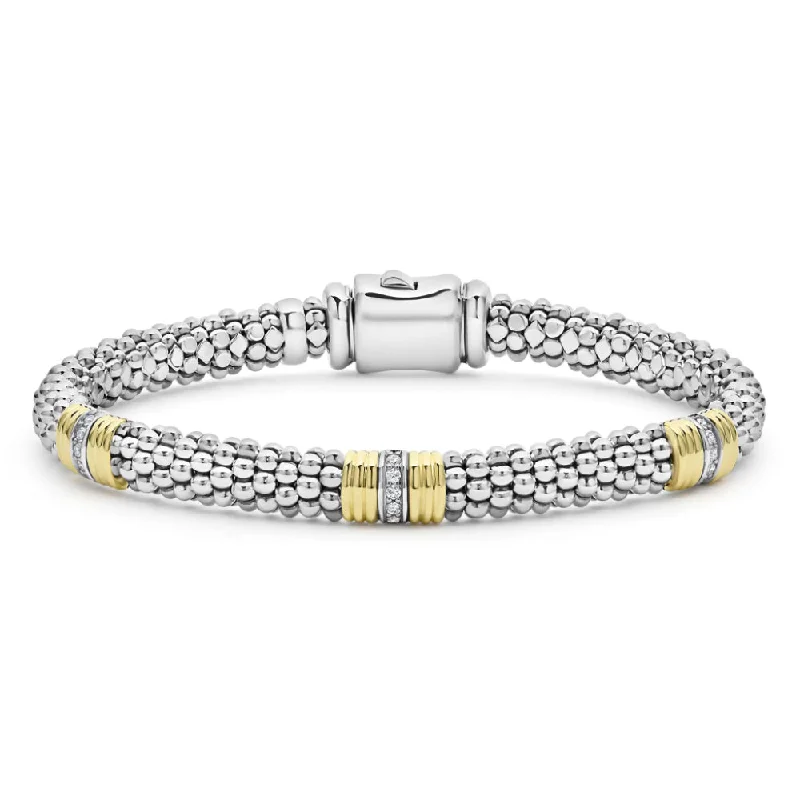 woven bracelets for women -Lagos Signature Caviar Triple Diamond Station Caviar Bracelet, 6mm