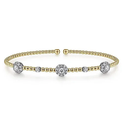 rose gold bracelets for women -14K White-Yellow Gold Bujukan Bead Cuff Bracelet with Diamond Cluster Stations