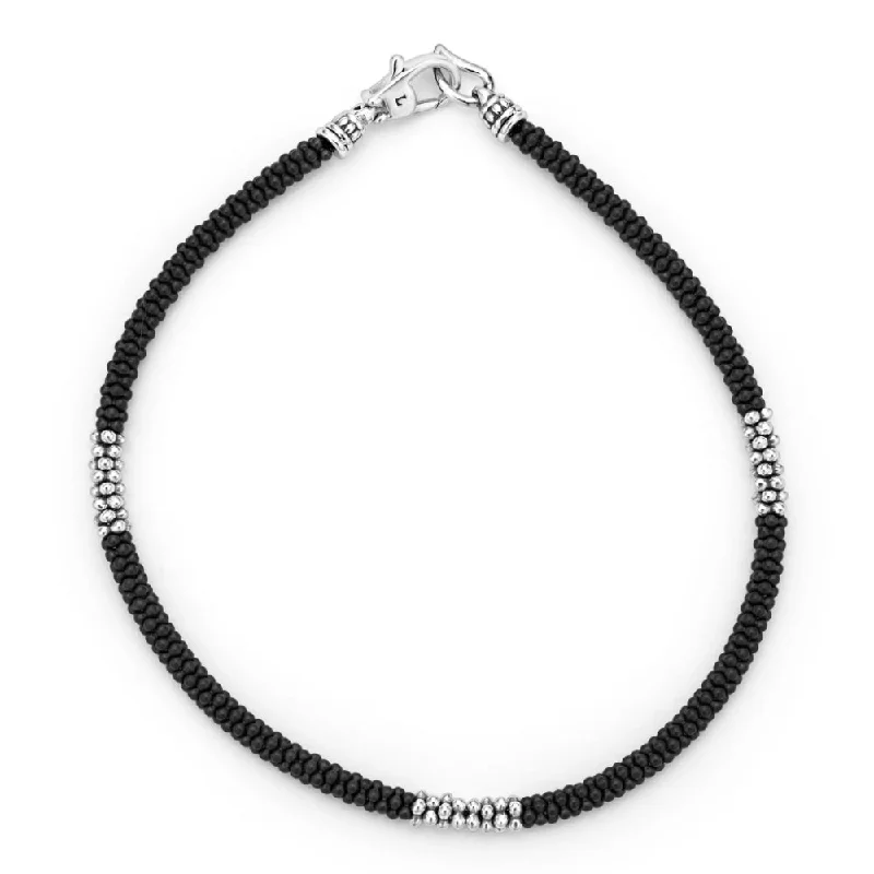 beaded bracelets for women -Lagos Black Caviar Three Silver Station Matte Ceramic Bracelet, 3mm